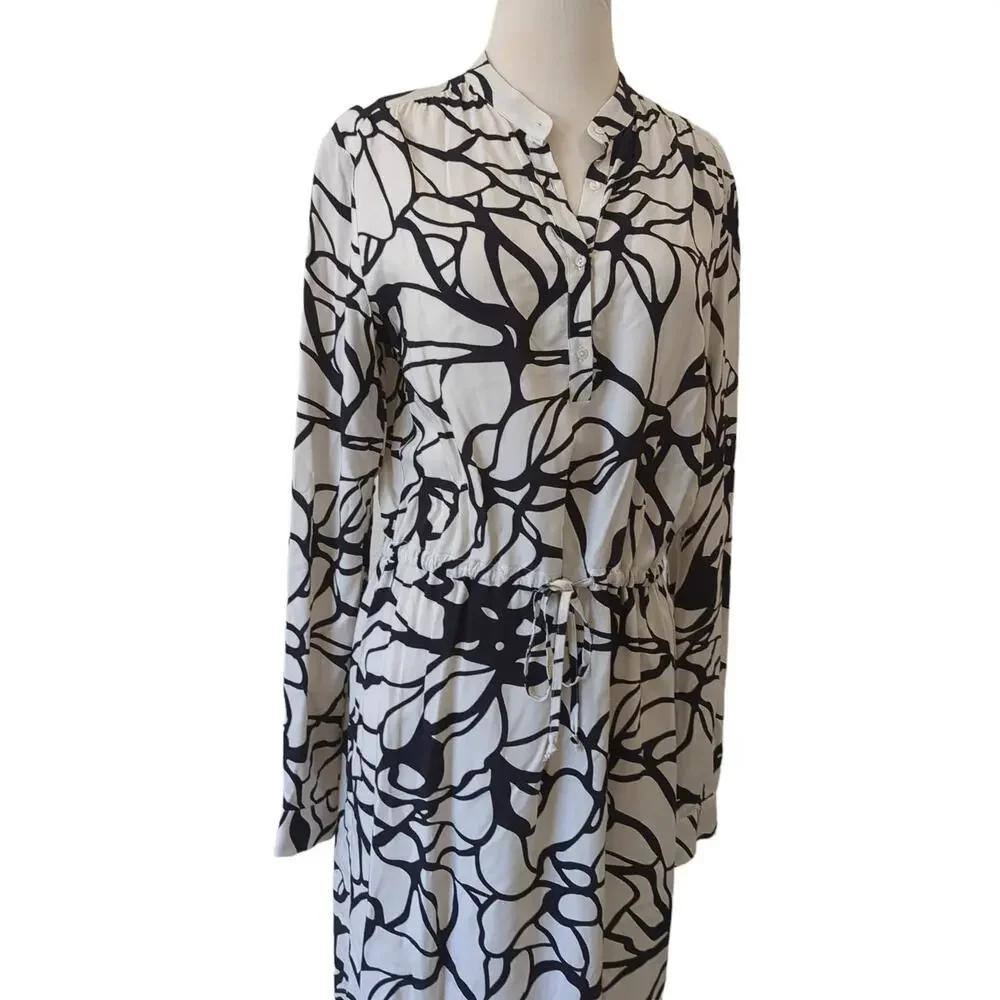 0039 Italy Womens Black White Shirt Dress Viscose‎ Tie Waist Cinch Size XS
